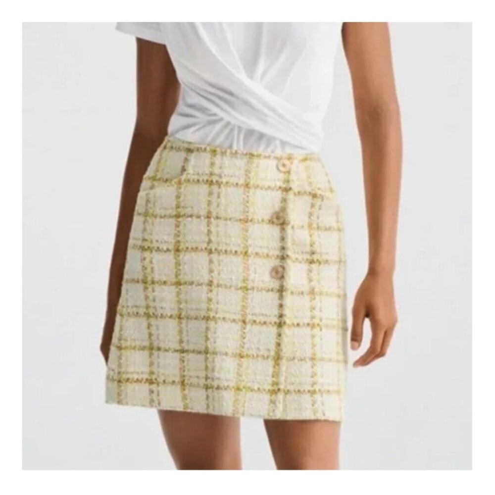 Cabi 6362 NEW Coco Yellow and Brown Plaid Tailored Tweed High Waist Mini Skirt